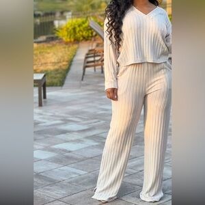 Fashion Nova Cream Ribbed Pants & Top Set